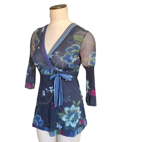 Sweet Pea Floral Stretch mesh Sz S BOHO Mesh Y2K Surplice Blouse #224D - Picture 4 of 8